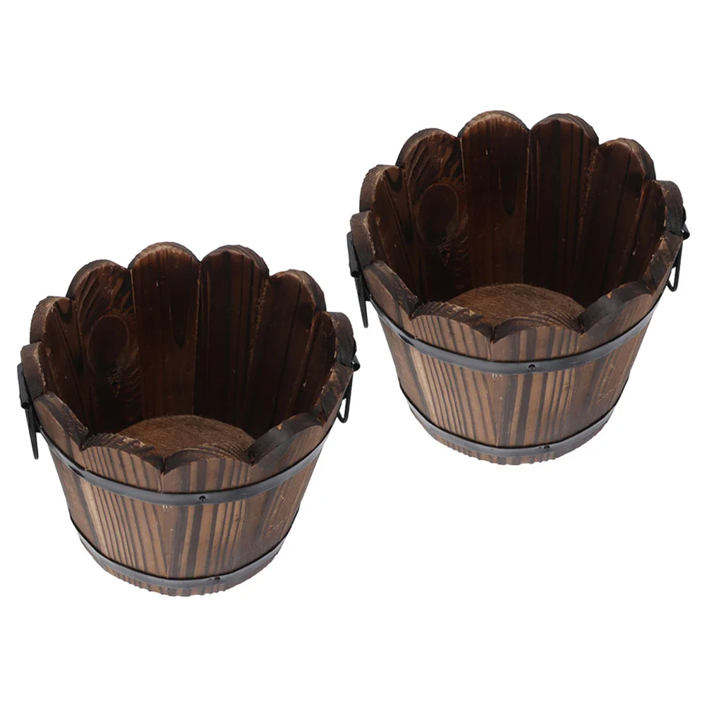 

2 Pcs Carbonized Wood Flowerpot Garden Vegetable Whiskey Barrel Vintage Potato Planting Holder Chinese Fir