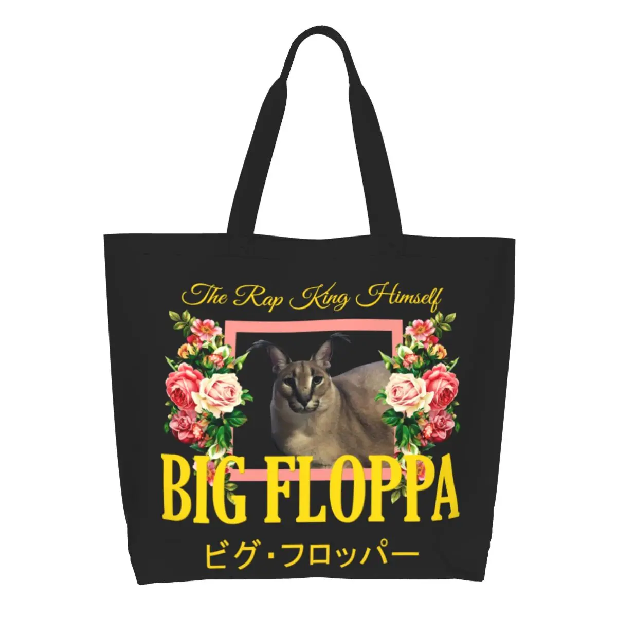 

Recycling Big Floppa Floral Aesthetic Shopping Bag Women Shoulder Canvas Tote Bag Portable Cat Meme Groceries Shopper Bags