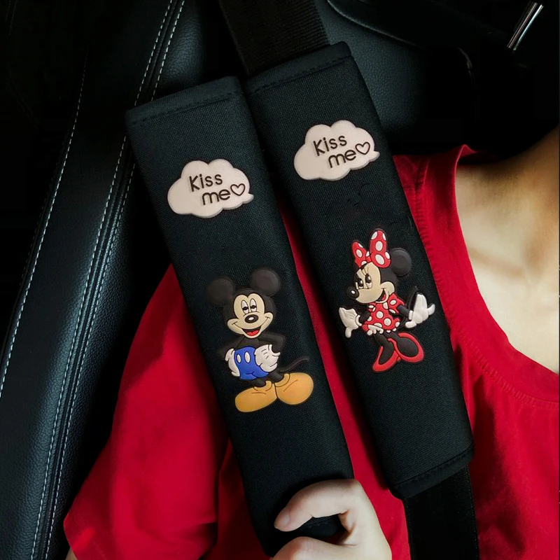

Disney Mickey Mouse Car Seat Belt Covers Anime Figrue Minnie Leather Shoulder Covers Women Men Car Seat Belt Ornament Supplies