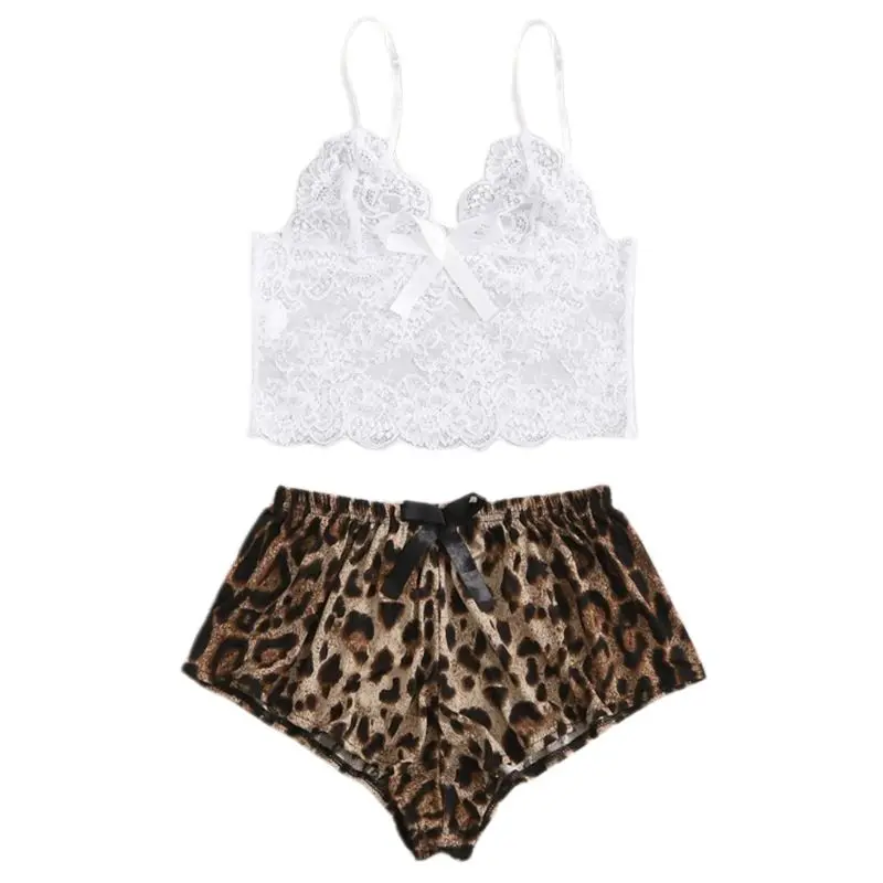 

Women Sexy 2 Pieces Lingerie Pajamas Set Spaghetti Strap Sheer Lace Camis Top Leopard Hot Shorts Bow Sleepwear Nightwear