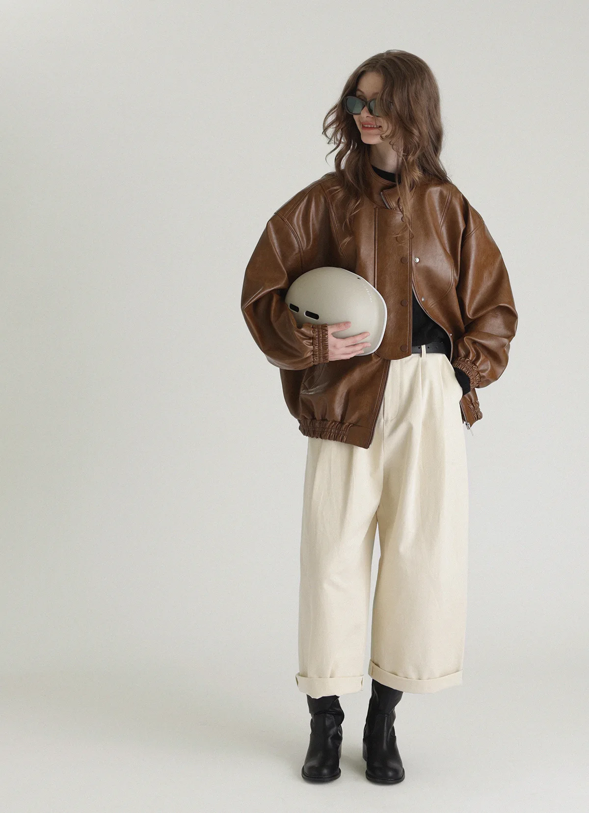 Yuxinfeng Vintage Brown PU Leather Jacket Women Spring Autumn New Bomber Jackets Female Stand Collar Zipper Loose Short Coat