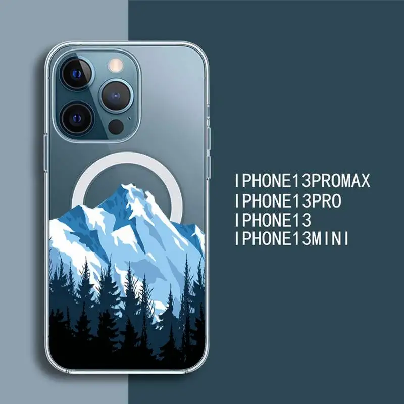

Snow mountain deer illustration Phone Case For iPhone 13 12 Mini Pro Max transparent Super Magnetic MagSafe Cover