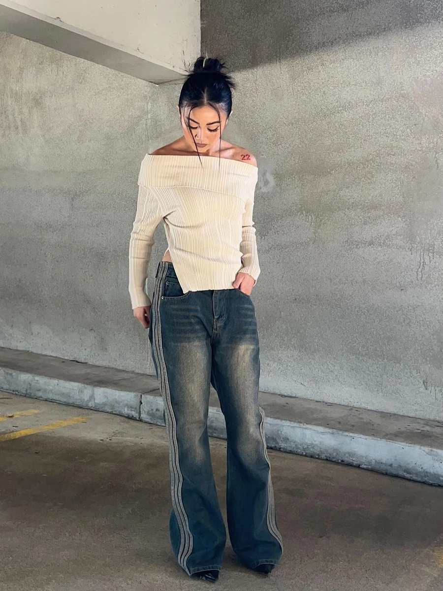 

ReddaChic Side Stripe Blue Retro Bootcut Pants for Women Streetwear Vintage Washed Loose Y2k Grunge Flare Jeans Acubi Fashion