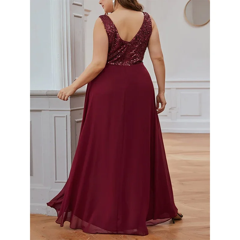 Plus Size V Neck Strap Beaded Sequins 4XL5XL Evening Dress Elegant Luxury Ruffle Chiffon Midi Party Ball Plus Size Summer Dress