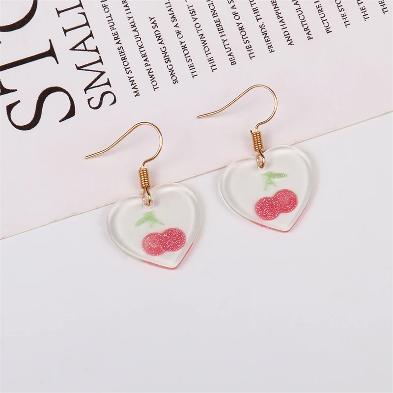 

Cherry Printing Heart Shape Dangle Earrings for Women 2022 New Design Cute Party Birthday Gifts Jewelry Transparent Earring