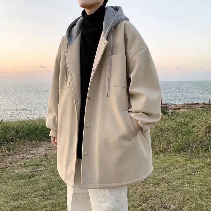 

NEW IN woolen coat men winter clothe new thick loose casual jacket Hong Kong style Preppy handsome unisex mid-length windbreaker