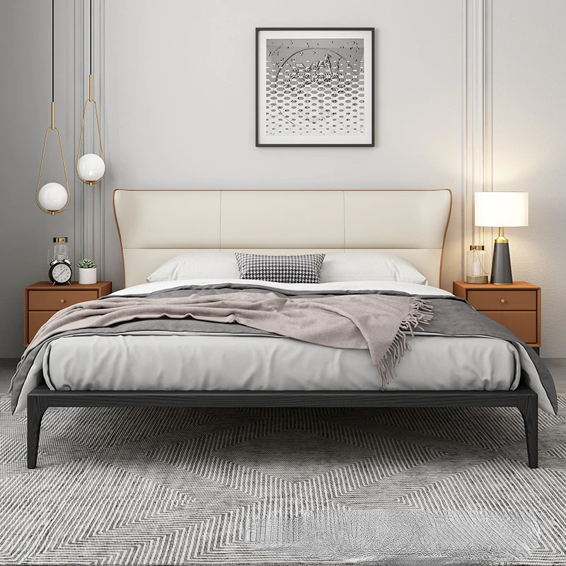 

Minimalist light luxury leather bed modern simple Nordic expression ash wood solid wood bed master bedroom wedding bed double