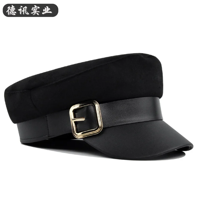 

Retro Navy Hat Korean Style Metal Buckle Beret Women's Autumn and Winter Hat Fashion Peaked Cap British Beret Beret Octagonal Ca