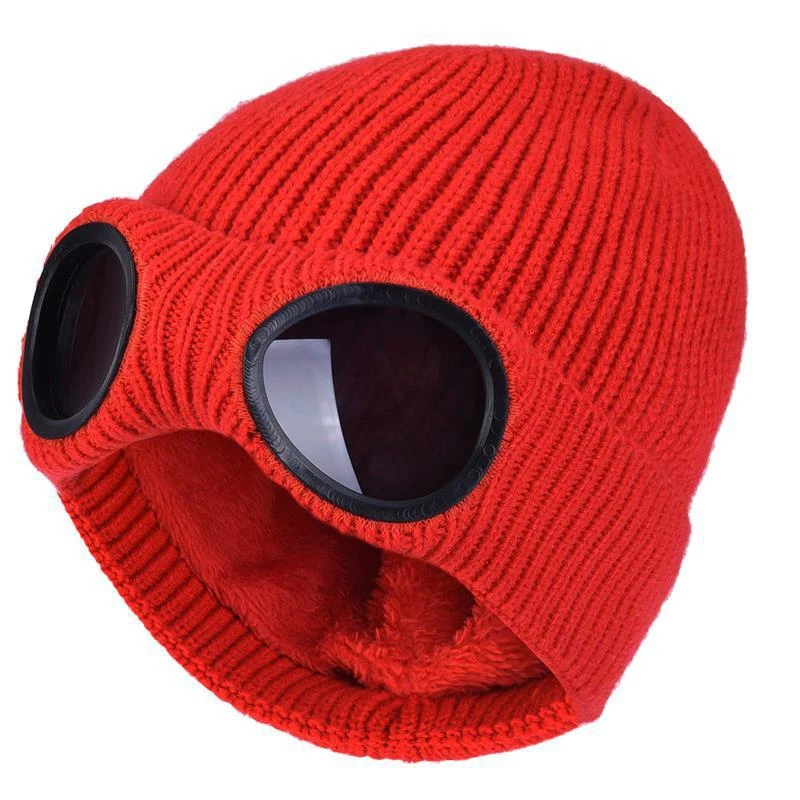 

Solid Color Earflaps Outdoor Keep Warm Skiing Glasses Beanie Autumn Winter Plush Knitting Elasticity Knitted Hat Skull Cap