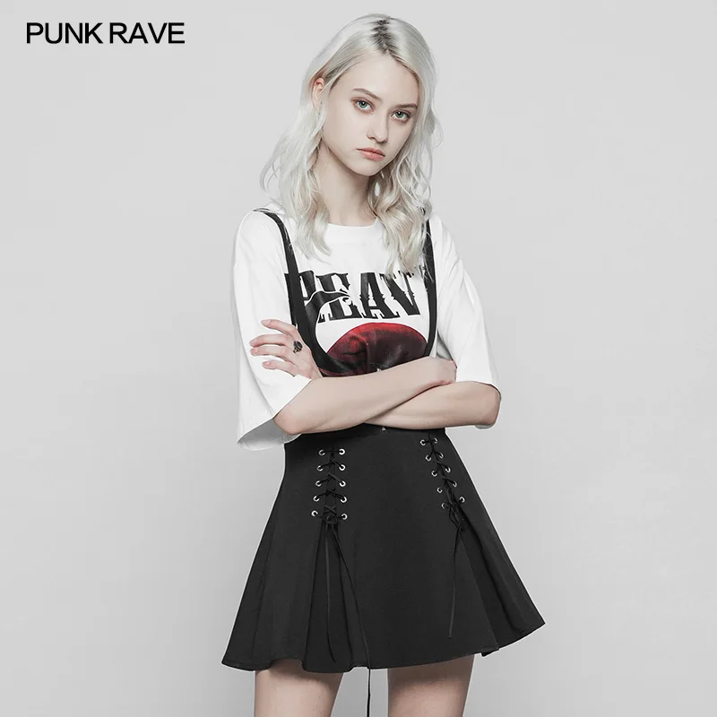 PUNK RAVE Women's Suspender Punk Metal Black Suspender Mini Skirt Women Half Classic Strap Skirt for Party Club