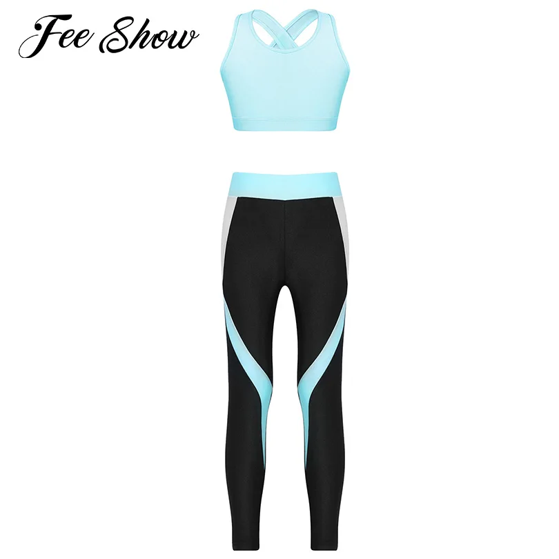 

Girls Yoga Set Sports Outfits Gym Fitness Suits Two Pieces Sleeveless Crop Top with High Waist Leggings for Kids Running Workout