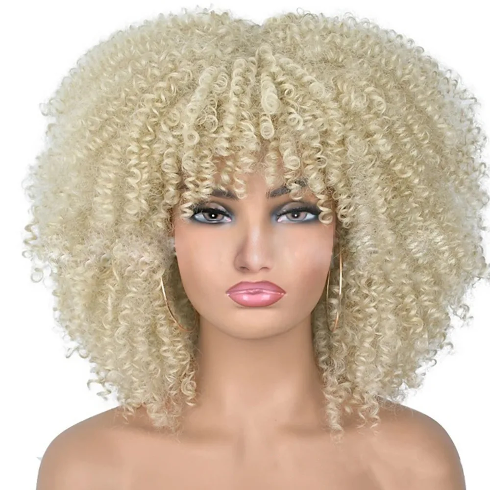 AICKER 45CM Afro Kinky Curly Wig with Bangs Fluffy Funny Wigs for Black Women African Short Natural Synthetic Hair images - 6