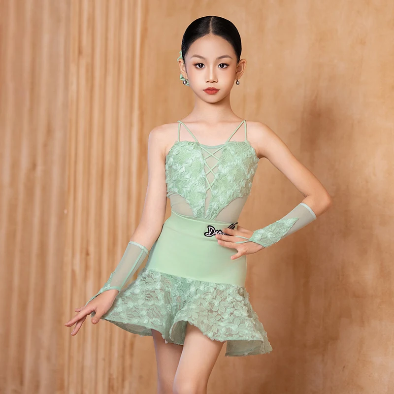 Платье для латинских танцев девочек зеленая сетчатая юбка с рыбьей косточкой