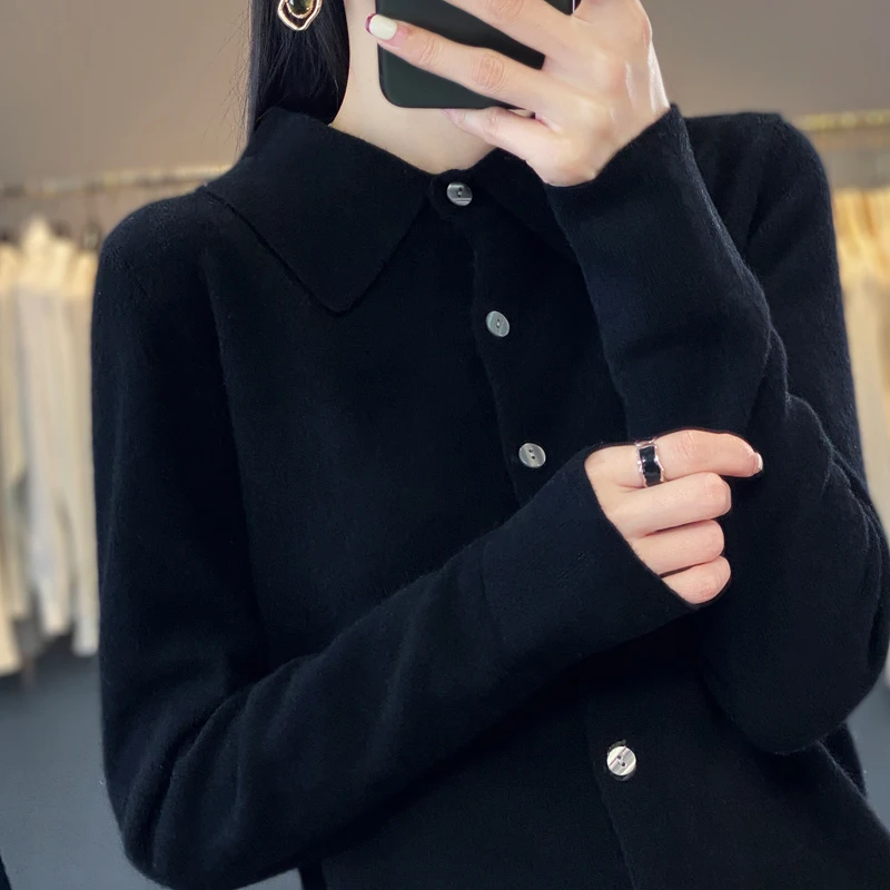 Женский шерстяной вязаный кардиган свободный свитер-поло с воротником