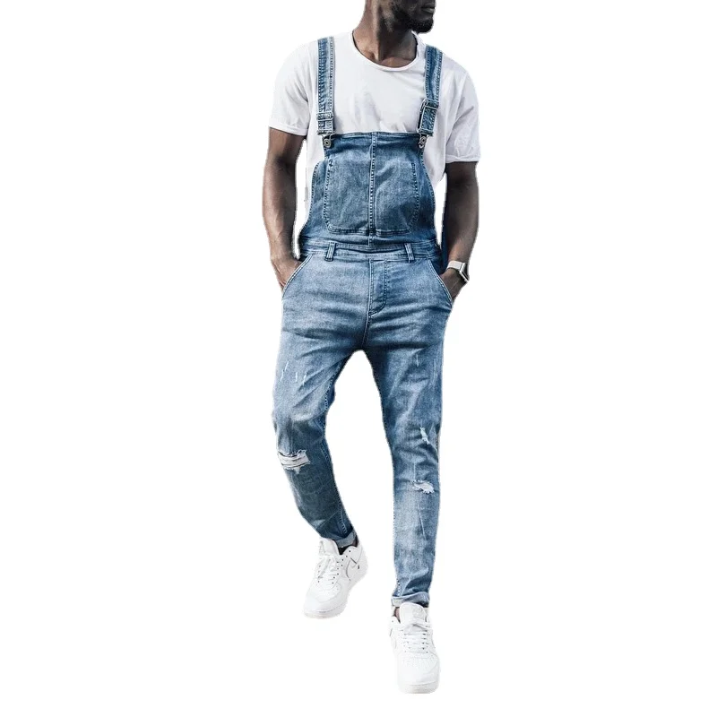 Men's Fashionable Suspender Denim Jumpsuit Jeans Trousers Popular Overalls Full Length Cargo Pants Bibs Rompers