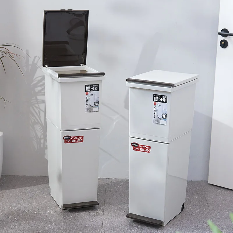 

Кухонная японская Двухуровневая мусорная банка 38L, бытовая педаль на колесиках с защитой от запаха, для сухого и влажного разделения мусорных банок