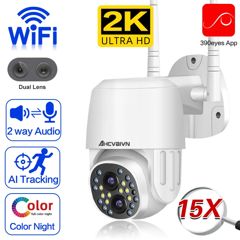 

2K 4MP 15X Zoom Dual Lens WiFi PTZ Camera Outdoor Human Tracking Ai Human Detection Wireless Security Camera Color Night Vision