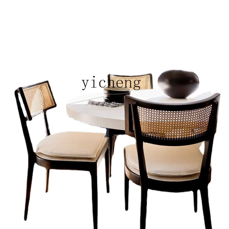 

ZC Nordic Solid Wood Rattan Dining Table and Chair Home Living Room Retro Backrest Chair