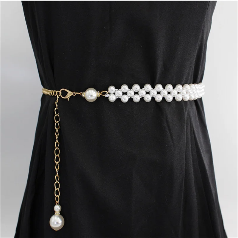 Elegant Women Acrylic Pearl Belt Fashion Adjustable Metal Thin Chain Belt For Ladies Dress Elastic Skinny Waistband