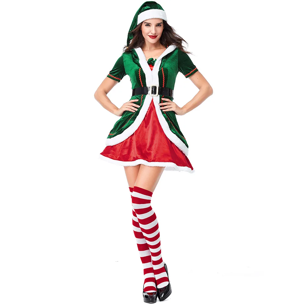 

Женский бархатный зеленый Рождественский елка эльф Санта Клаус женский костюм Рождественский наряд платье шляпа чулки