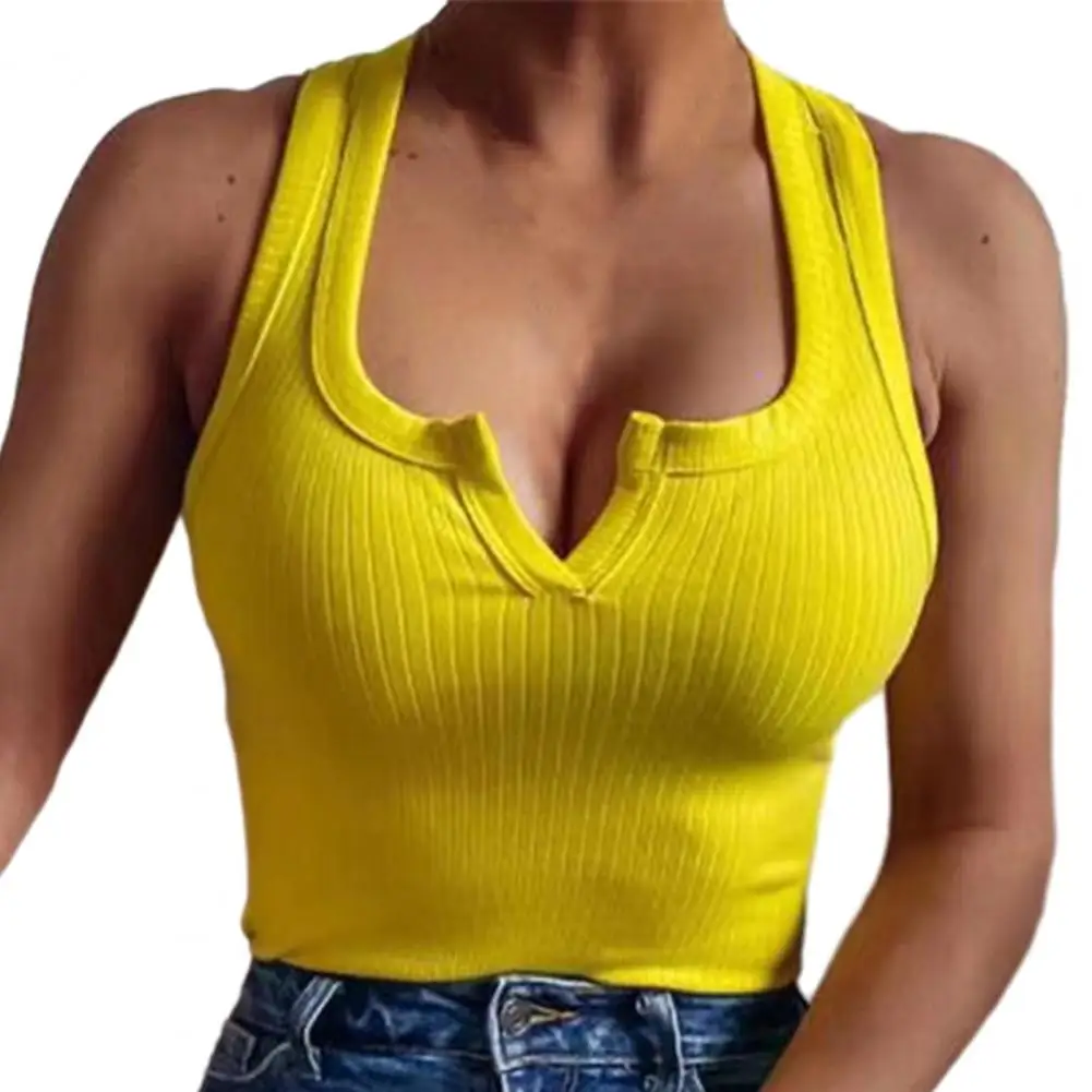

Женская блузка, трикотажный топ в рубчик с глубоким вырезом, однотонный облегающий пикантный укороченный топ без рукавов с V-образным вырезом, летняя блузка