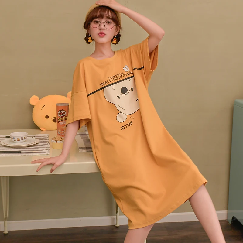 Disney Loose Female 100% Cotton Nightgown Lady Casual Cute Kawaii Night Dress Women Nighties Short Sleeve Nightwear Sleepshirts