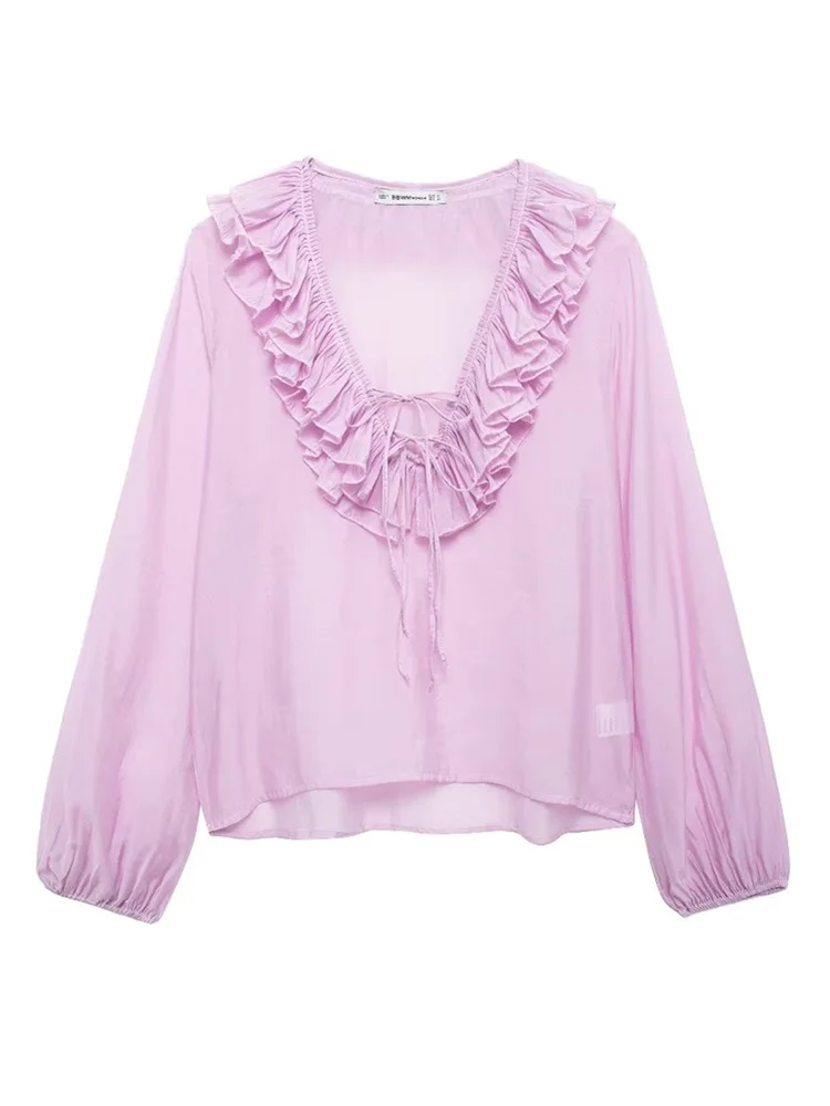 Zevity Женская модная Свободная блузка с длинным рукавом и V-образным вырезом