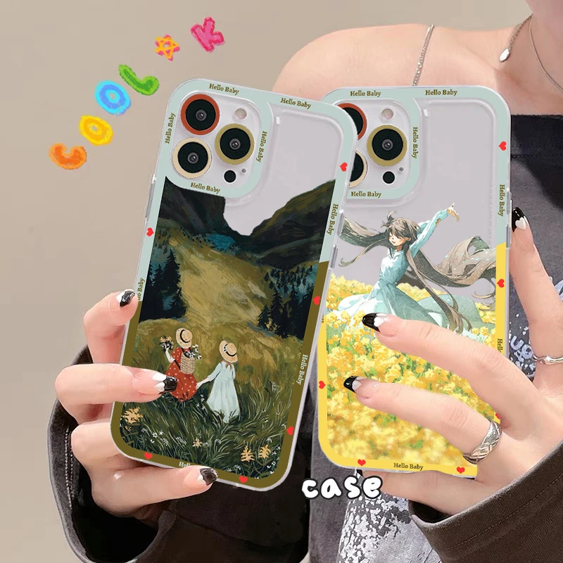

Oil Literary Painting Girl Landscape Phone Case For iPhone 11 12 13 14 Mini Pro Max XR X XS TPU Clear Case For 8 7 Plus SE 2020