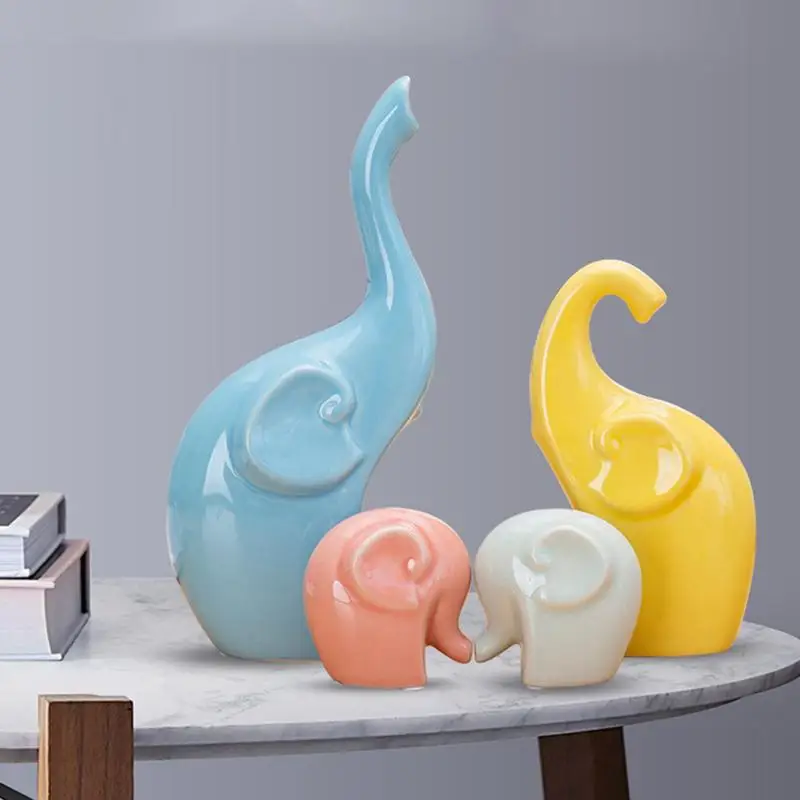 

Elephant Figurine Statue Ornament Small Family Decoration Handmade Ceramics Sculpture Housewarming Gift For Kitchen Bedroom Dorm