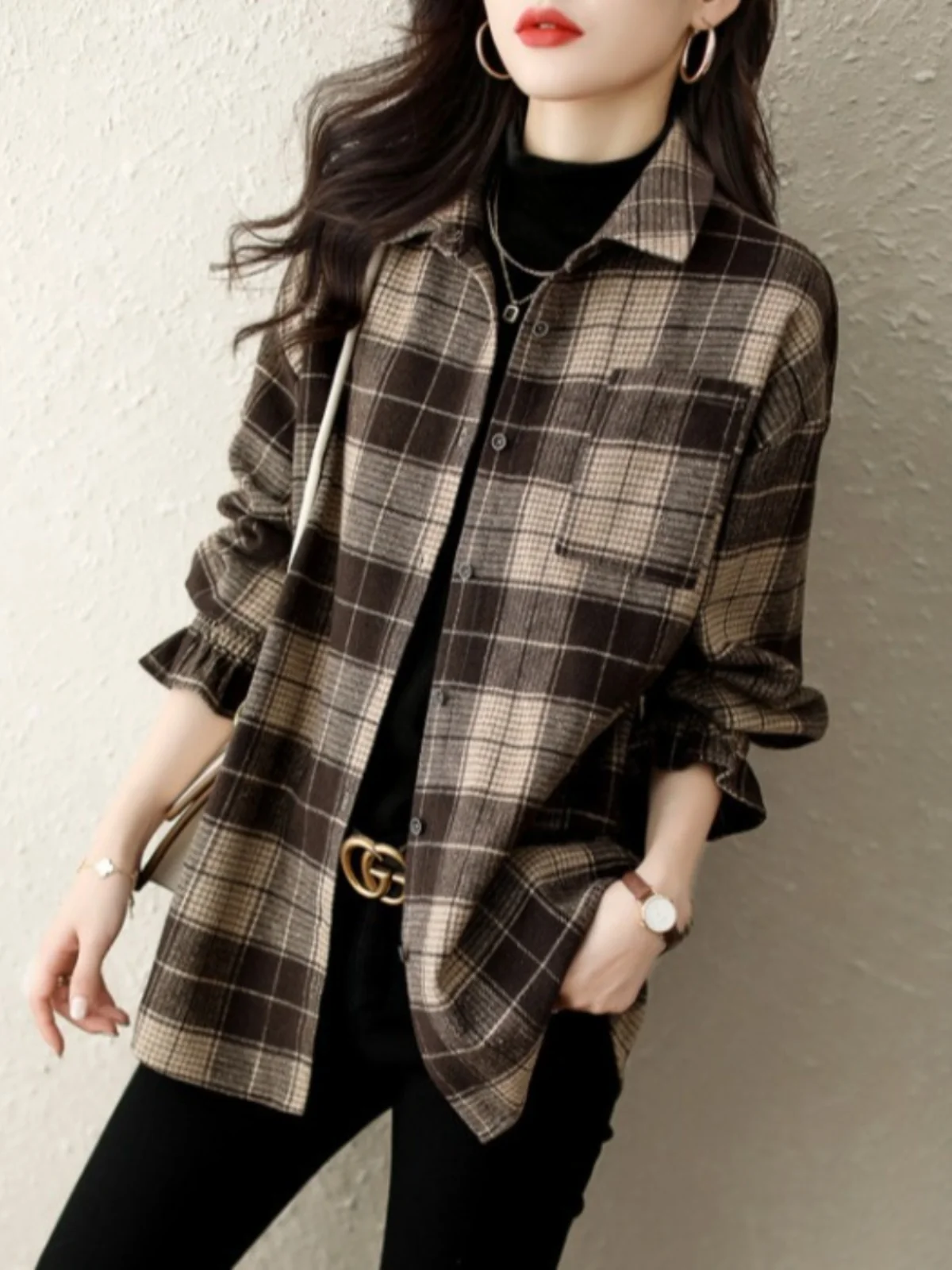 Sanding Plaid Shirts Outerwear Women's Clothes Spring and Autumn Winter 2024 New Elegant Top Shirt Long sleeve