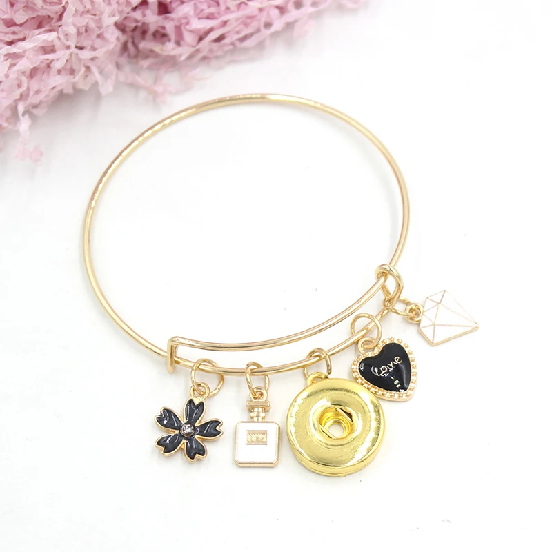 

10pcs Wholesale Snap Jewelry Gold Plated Wire Bangle Enamel Flower Perfume Bottle Heart Bracelets For Women Lovers Gift Pulsera