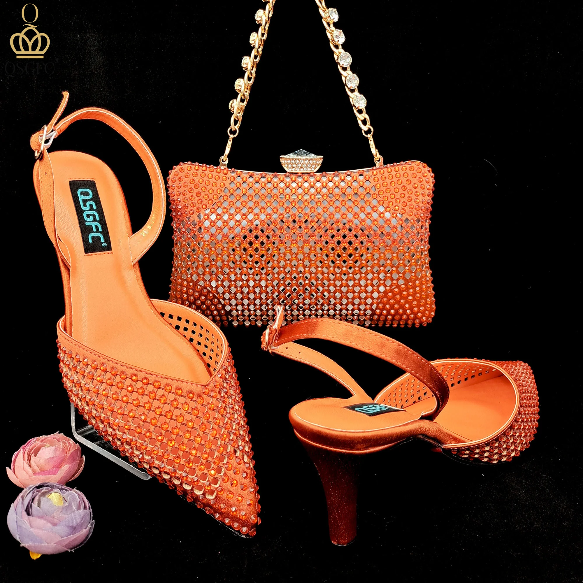 

QSGFC The Most Popular Pointed-Toe Stiletto Shoes In Nigeria And Three-Dimensional Handbags With Large Rhinestone Decoration