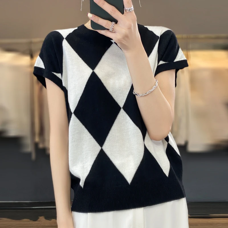 

Summer Woman's Tops New Tees Fashion Casual Contrasting Colors T-Shirt Sweater Female Pullover Short Sleeve O-Neck Wool Knitted