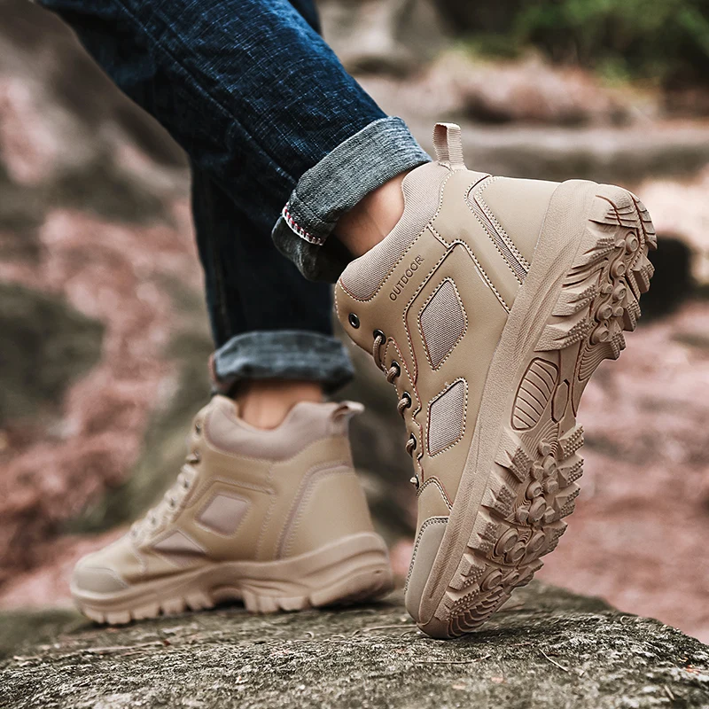 New Men's Military Boots Medium Top Outdoor Hiking Shoes Men Anti-collision Quality Army Tactical Boots Large Size 39-48