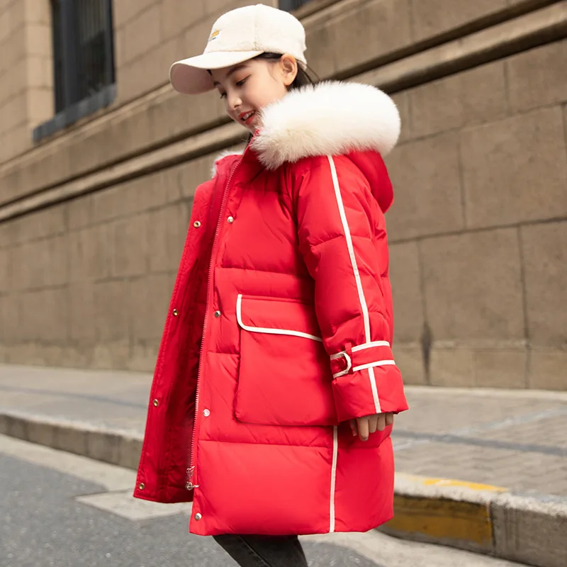

-30 Degrees Winter children' long down jacket Girls hooded big fur collar windproof warm jacket Girls waterproof thick down coa