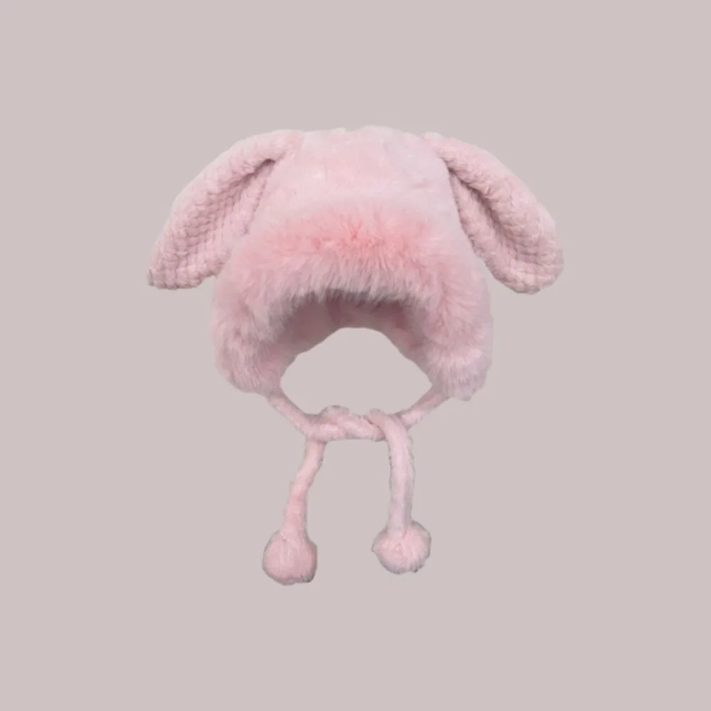 Милая теплая зимняя шапка шерстяная со шнуровкой и медвежьими ушками бархатная