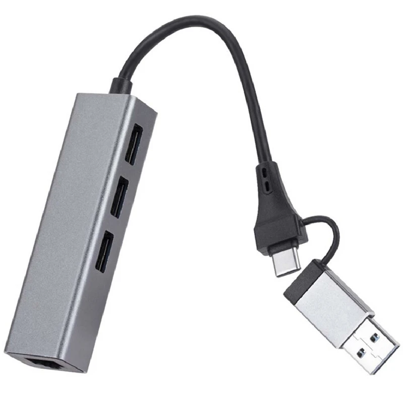 

1 PCS Gigabit Network Card 1000Mbps 3 Port 3.0 HUB 2 In 1 Cable USB-C To RJ45 Driverless Network Card Aluminum