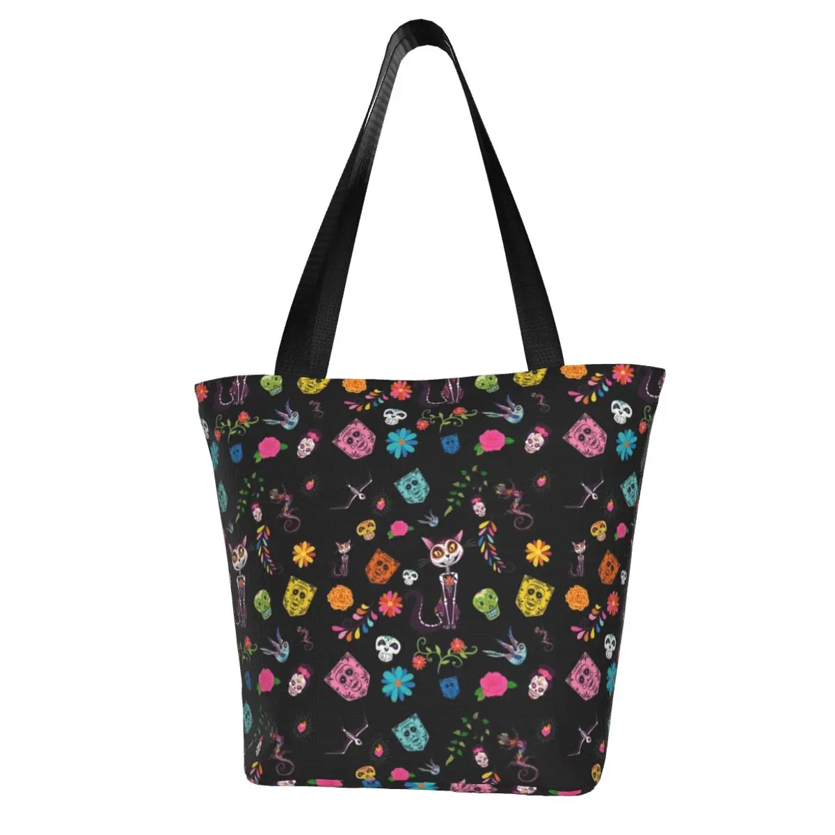 

Sugar Skull Cat Shopping Bag Day of the Dead Fashion Aesthetic Handbag Cloth School Woman Bags