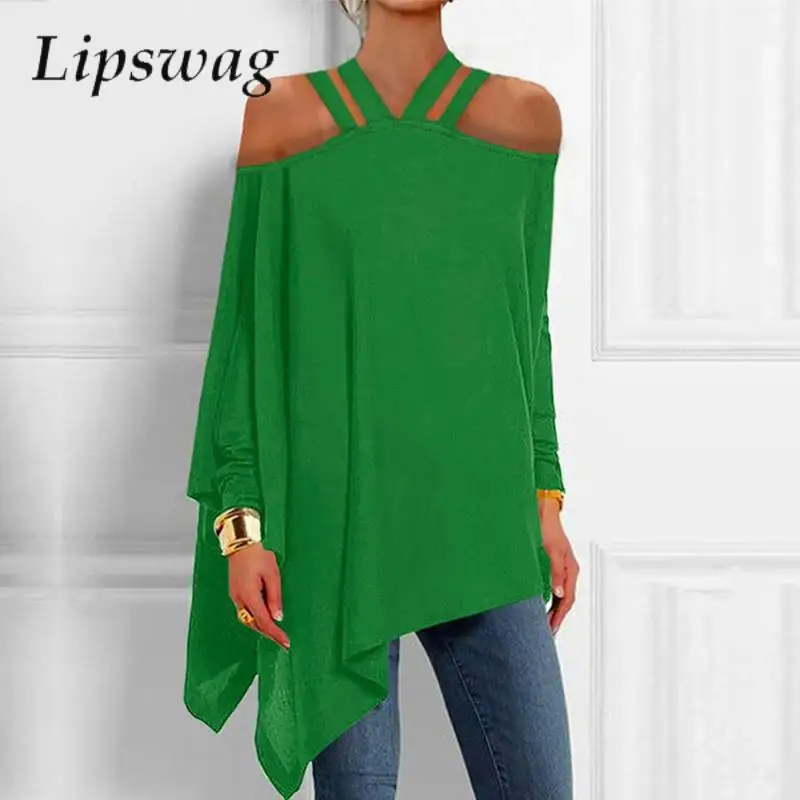 

Sexy Bandage Hollow Off Shoulder Tees Elegant Commuting Batwing Sleeve Top Pullover Casual Fashion Solid Loose Irregular T Shirt