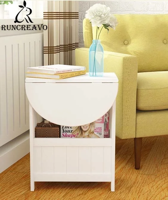 

White Color Mdf Living Room Folding Coffee Table Sofa Side Round Table Multi Use Bedroom Washing Room Storage Rack