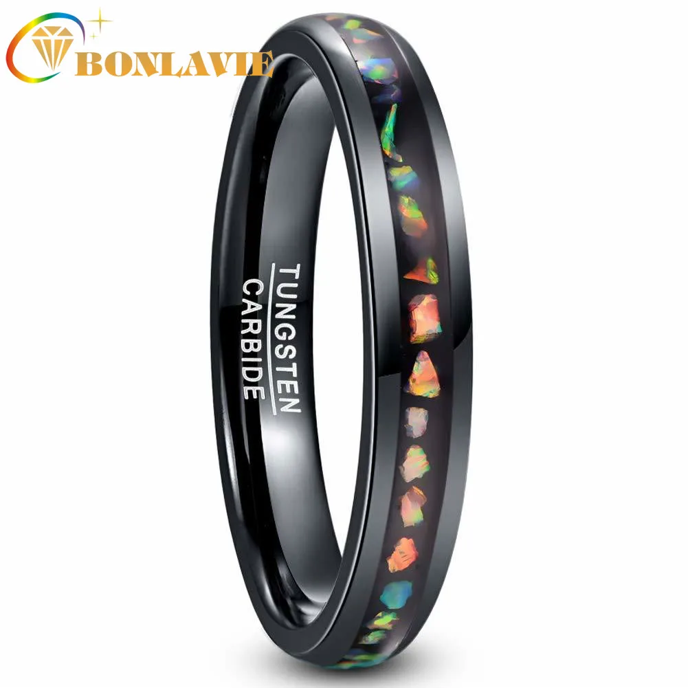 

BONLAVIE 4mm Tungsten Carbide Ring Crushed Fire Opal Men Women Black Dome Wedding Ring Comfortable AAA Quality