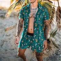 new men hawaiian sets printing 2021 summer short sleeve button shirt beach shorts streetwear casual mens