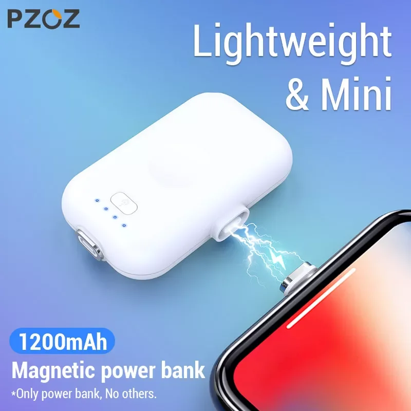 

PZOZ Power Bank For iPhone Micro USB Type C 1200mAh Mini Magnet Charger Power Bank For iPhone iPad Phone