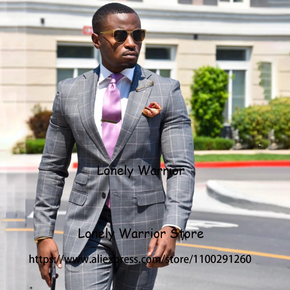 

Красивые серые костюмы в клетку для мужчин, повседневный деловой Блейзер, облегающий свадебный смокинг для жениха, комплект из 2 предметов, мужской пиджак и брюки