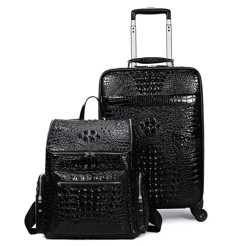 Top Luxury Business Luggage Men Crocodile Head Layer Cowhide Luggage Sets Cabin Travel Bags On Wheels Genuine Leather Suitcase