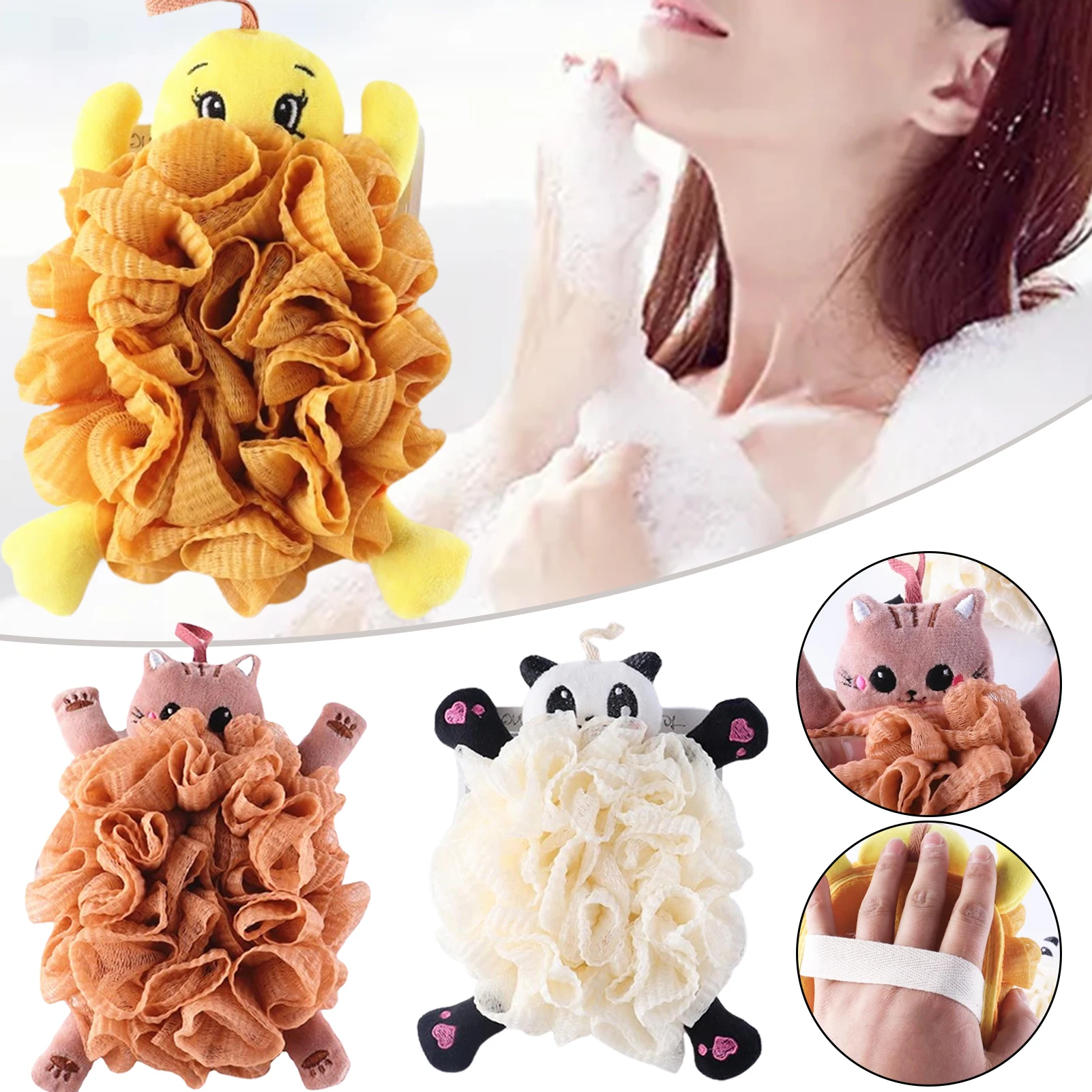 

Cute Animal Mesh Bath Ball Hand-worn Shower Sponge Bath Accessory for Kids Women Durable Universal Plentiful Foaming MU8669