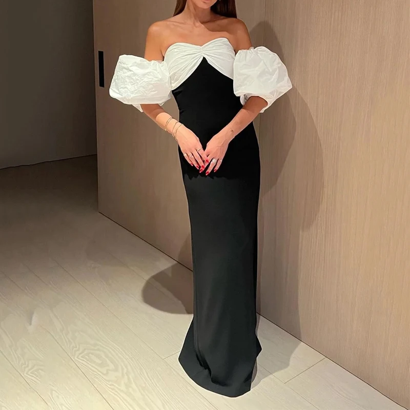 

EVERBELE Women Dresses Summer Fashion Sexy Puff Short Sleeves One Shoulder Chic Slim Long Elegant Solid Color For Evening Party