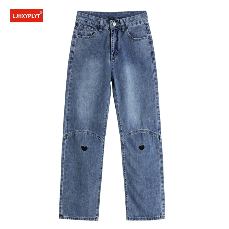 

Blue Jeans Women's Spring Summer New High Waist Love Embroidery Street Casual Simple Straight Loose Pants Denim Trousers Female