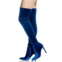 woman solid velvet stretch sexy skinny boots female thin high heels over the knee winter boots blue red