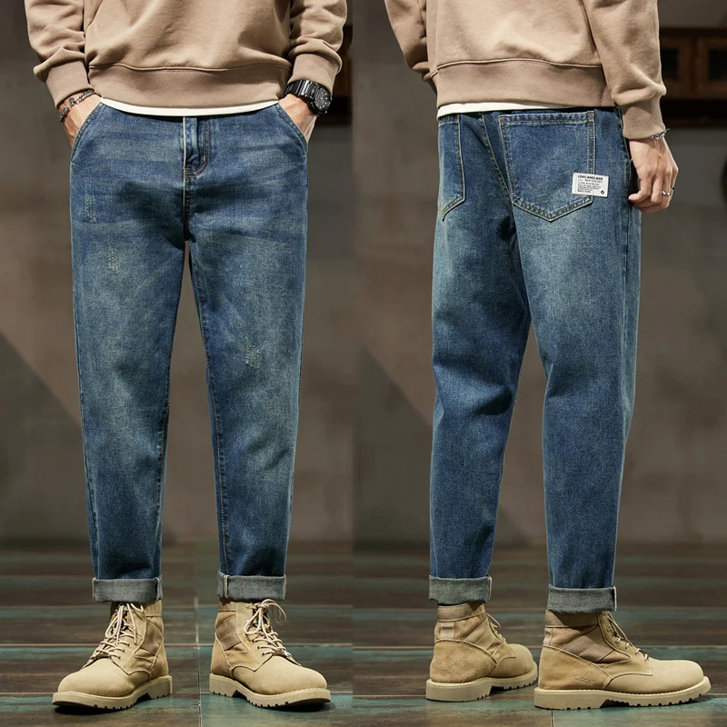 

Брюки мужские джинсовые мешковатые, винтажная повседневная одежда, уличные штаны, брюки-султанки из денима, с заплатками, в стиле K-POP, хип-хоп, с широкими карманами, свободные